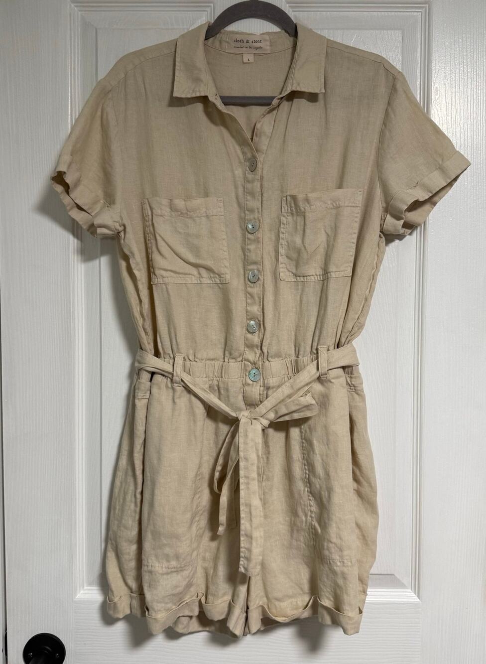 Anthropologie Cloth & Stone Women's Linen Utility Romper Size Large